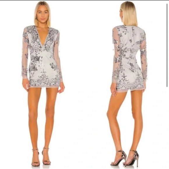 Superdown Jessica Deep V Mini Gunmetal Silver Sequin Dress XS New - Picture 7 of 8